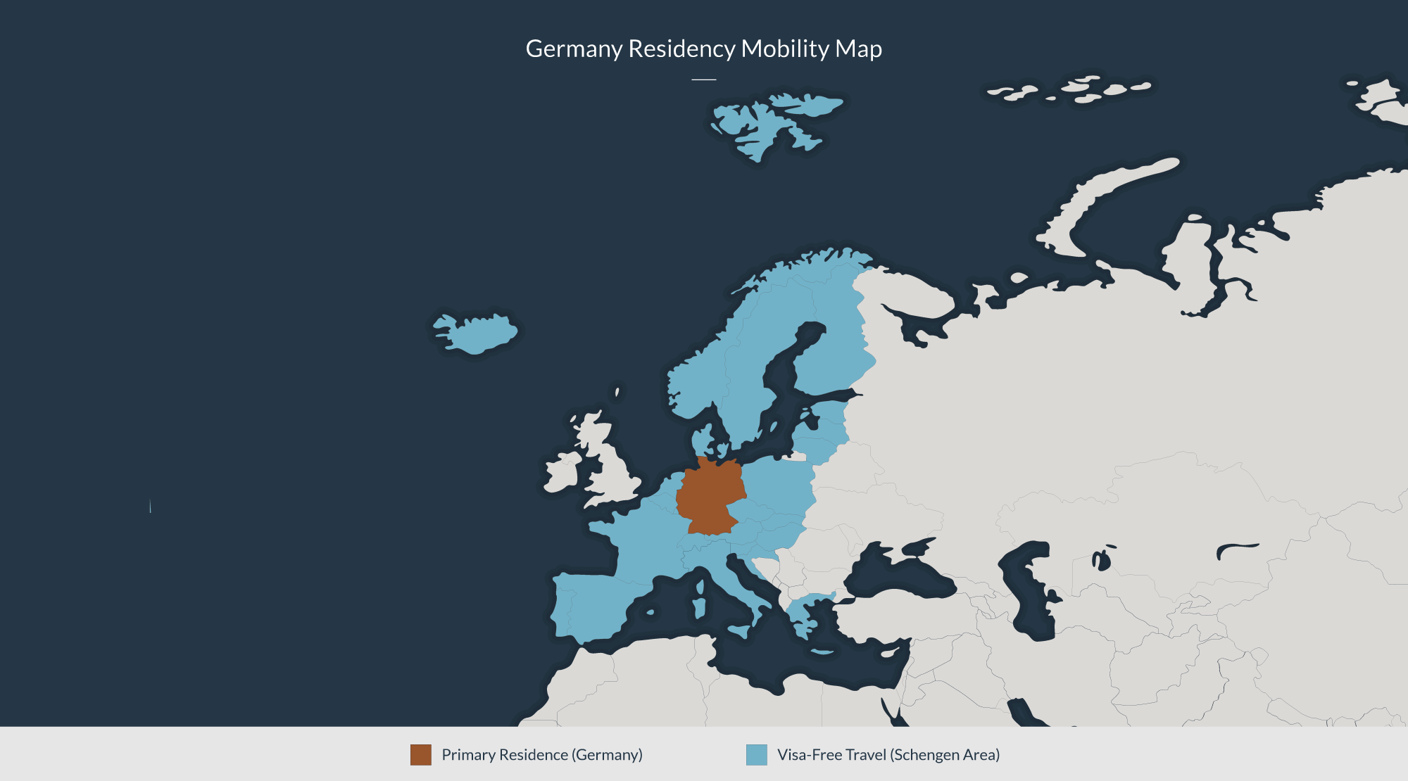 Germany residency mobility map: Primary residence in Germany, Visa-free travel across the Schengen area.