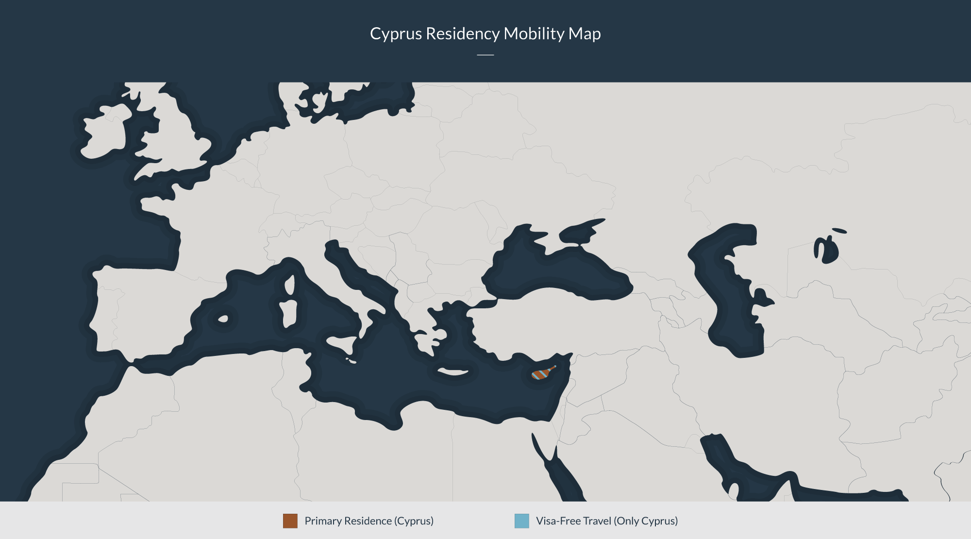 Cyprus residency mobility map: Primary residence in Cyprus and visa-free travel to Cyprus.