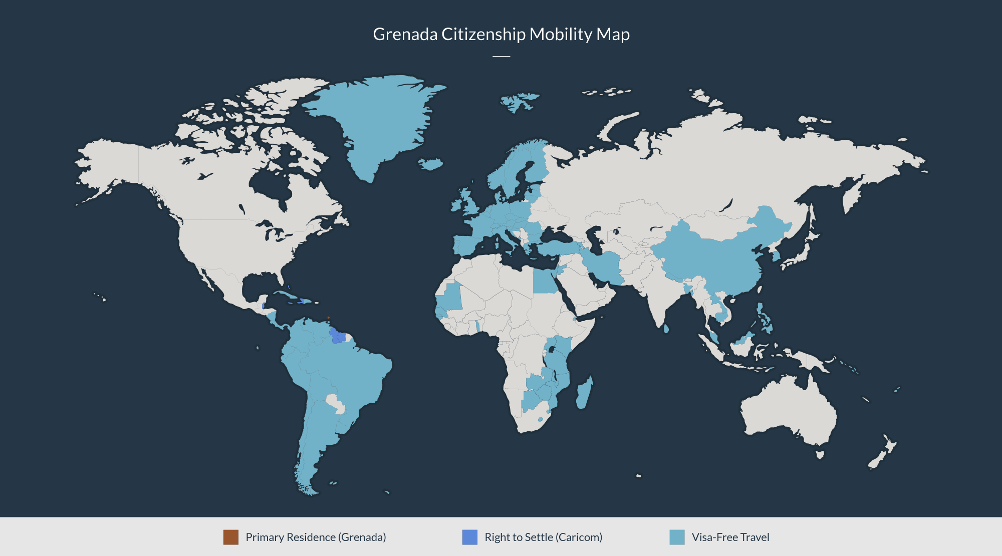 Grenada citizenship mobility map: Primary residence in Grenada, Right to settle in the Caricom, and Visa-free travel to many other countries.