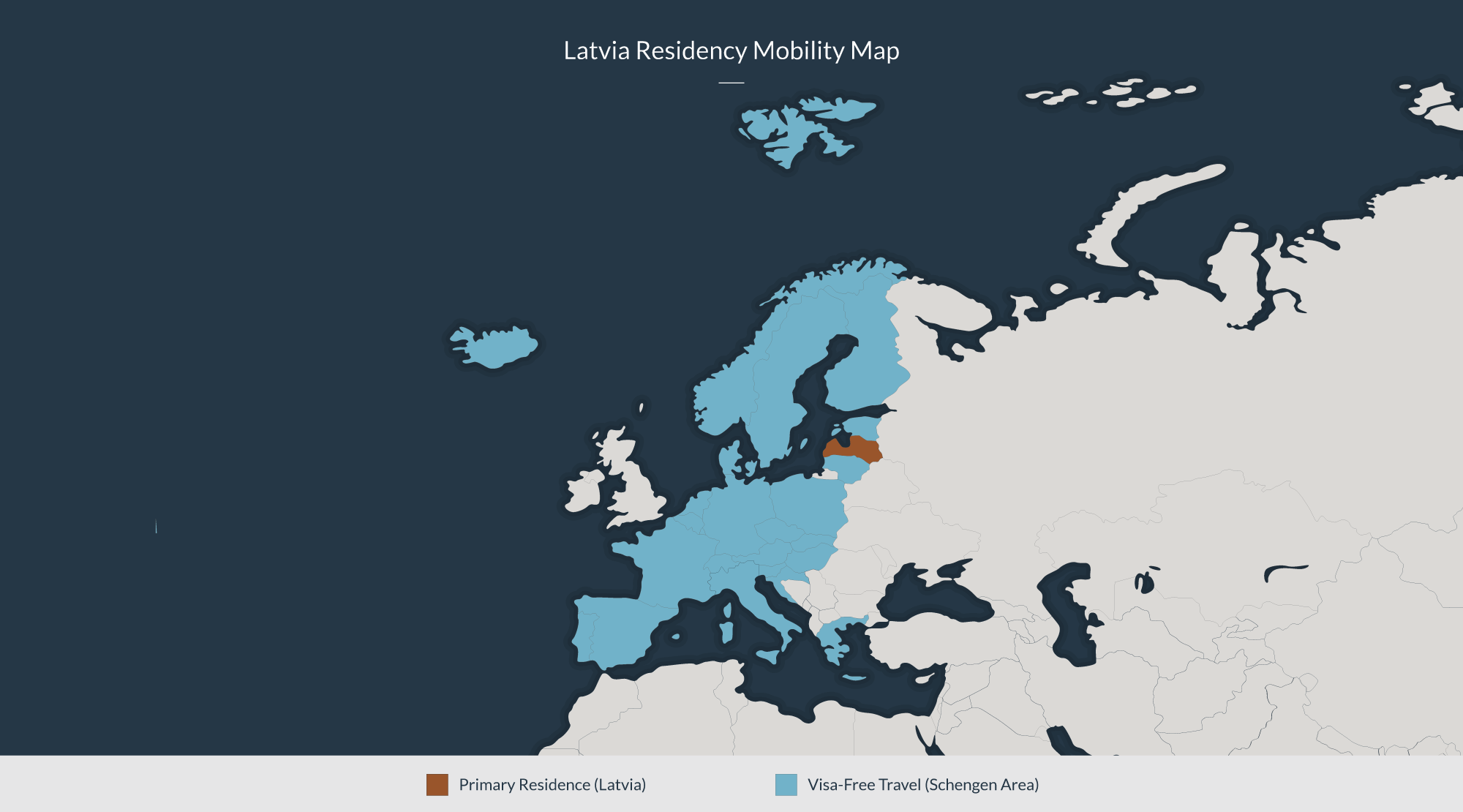 Latvia residency mobility map: Primary residence in Latvia, Visa-free travel across the Schengen area.