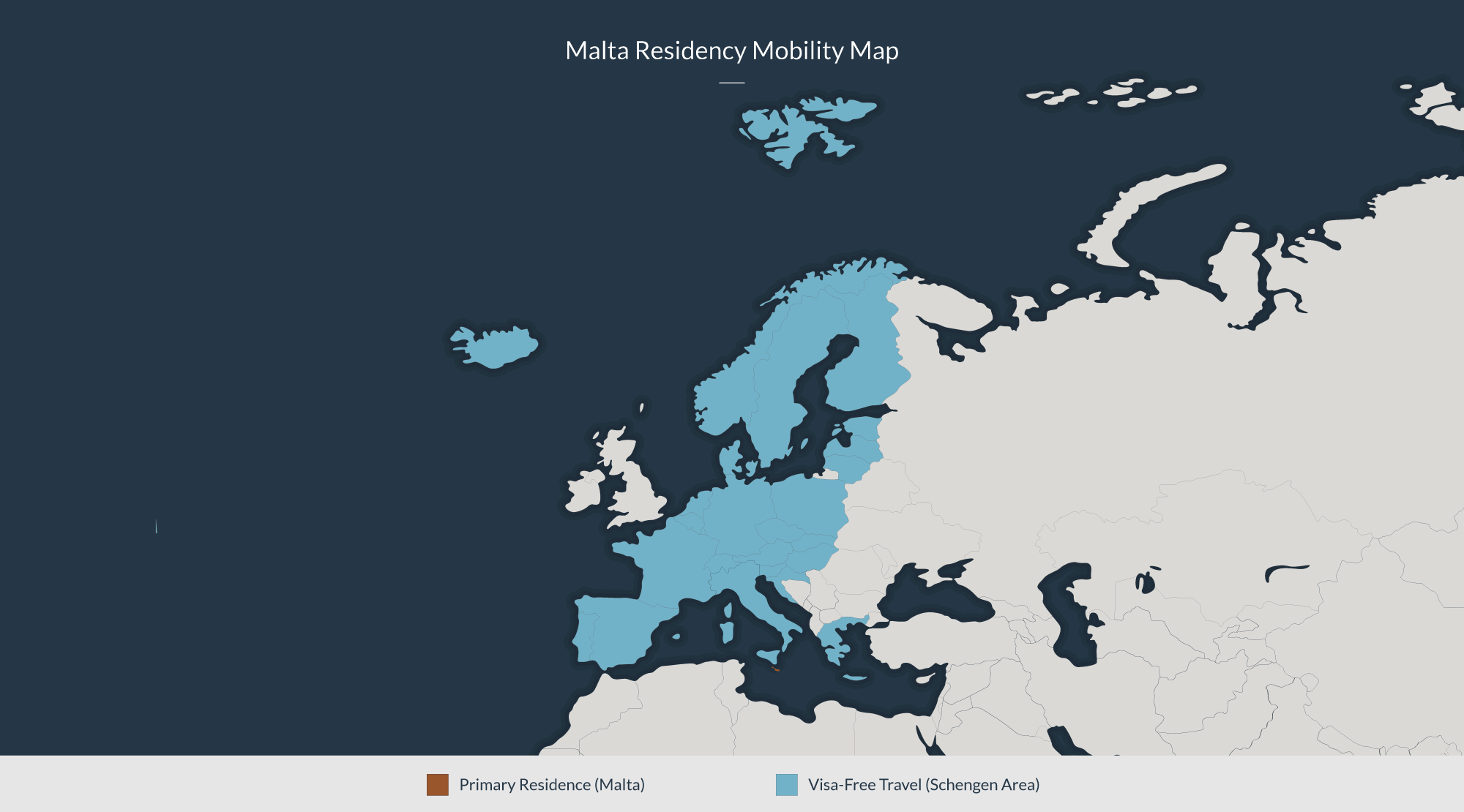 Malta residency mobility map: Primary residence in Malta, Visa-free travel across the Schengen area.