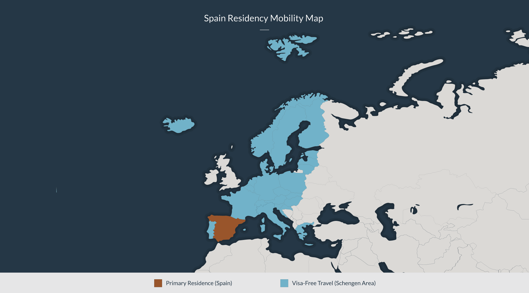 Spain residency mobility map: Primary residence in Spain, Visa-free travel across the Schengen area.