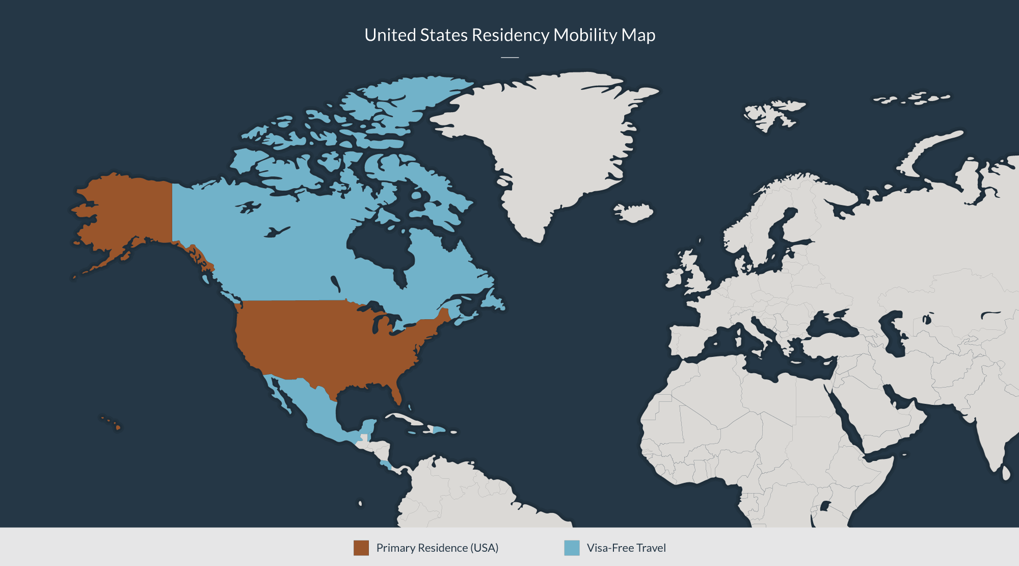 USA residency mobility map: Primary residence in USA, Visa-free travel to Canada, Mexico, and other nearby countries.
