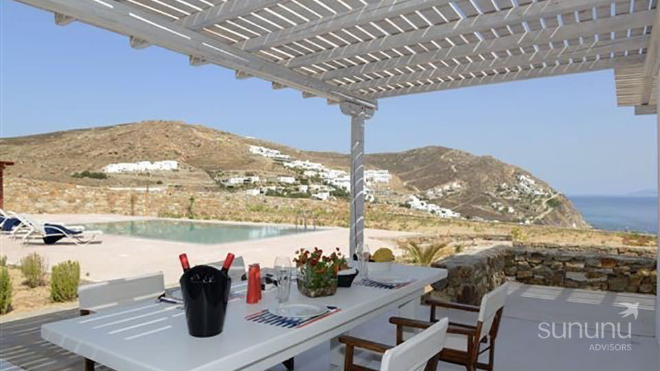 Quaint outdoor seating of beach villa in Mykonos